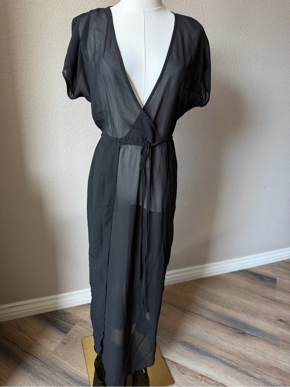 NWT Black Sheer Wrap Swim Coverup Maxi with Cinch Tie, Medium